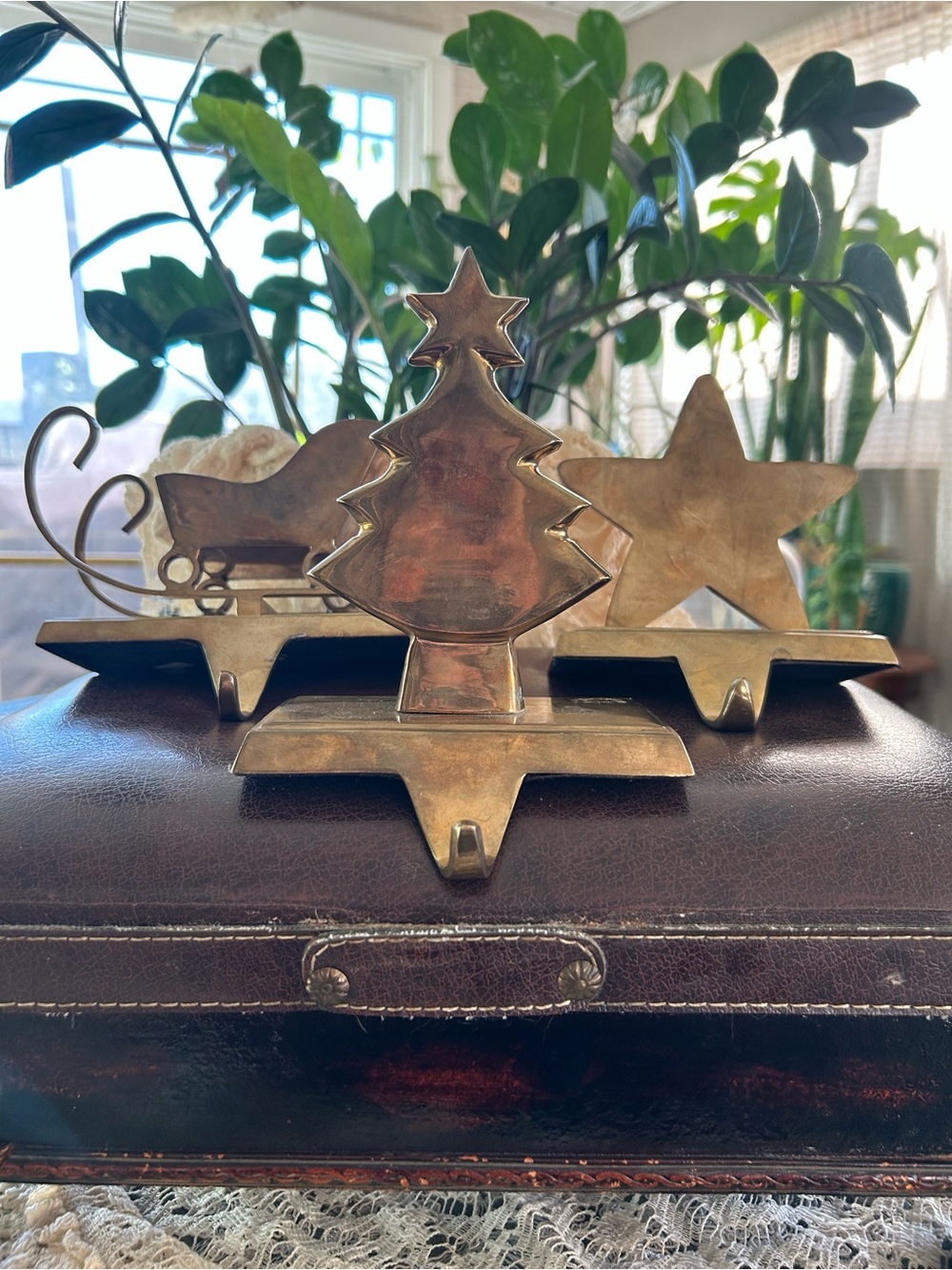Brass Holiday Stocking Holders Set with Tree, Star, and Sleigh